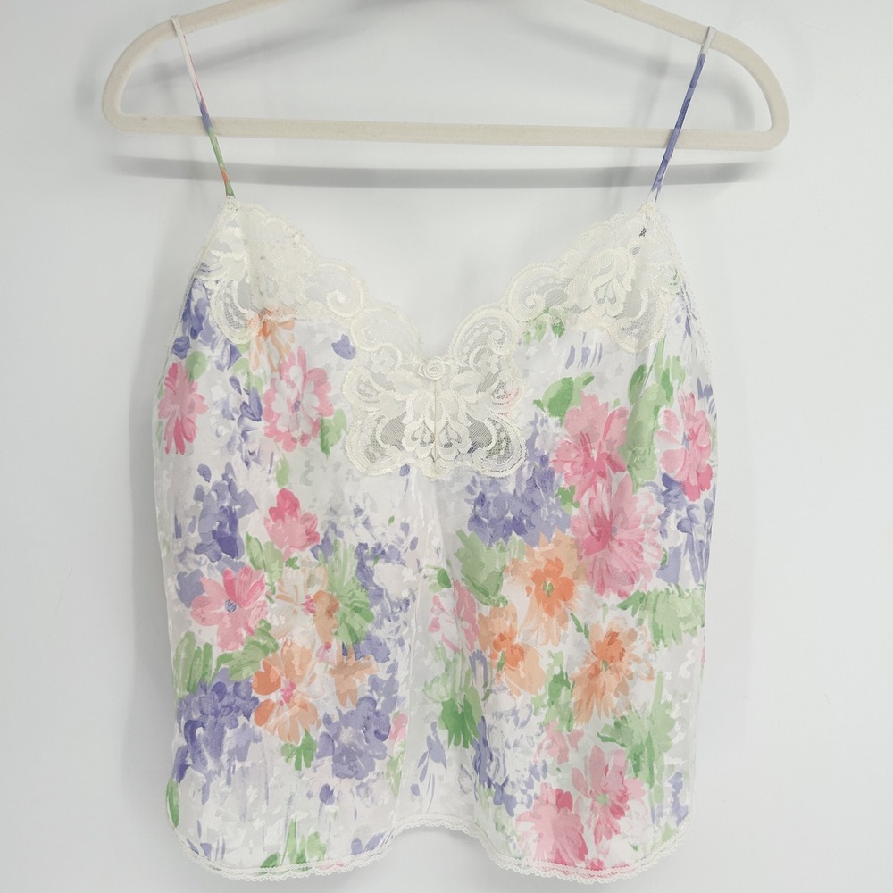 Womens Vintage Y2K 90s Pastel Floral Lace Trim Coquette Cottagecore Cami Top